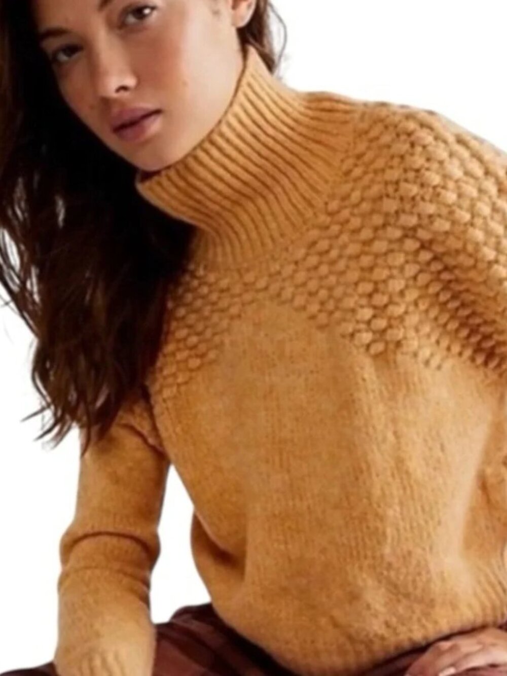 New! FREE PEOPLE M Camel Heather Bradley Boho Turtleneck Sweater - Picture 4 of 8